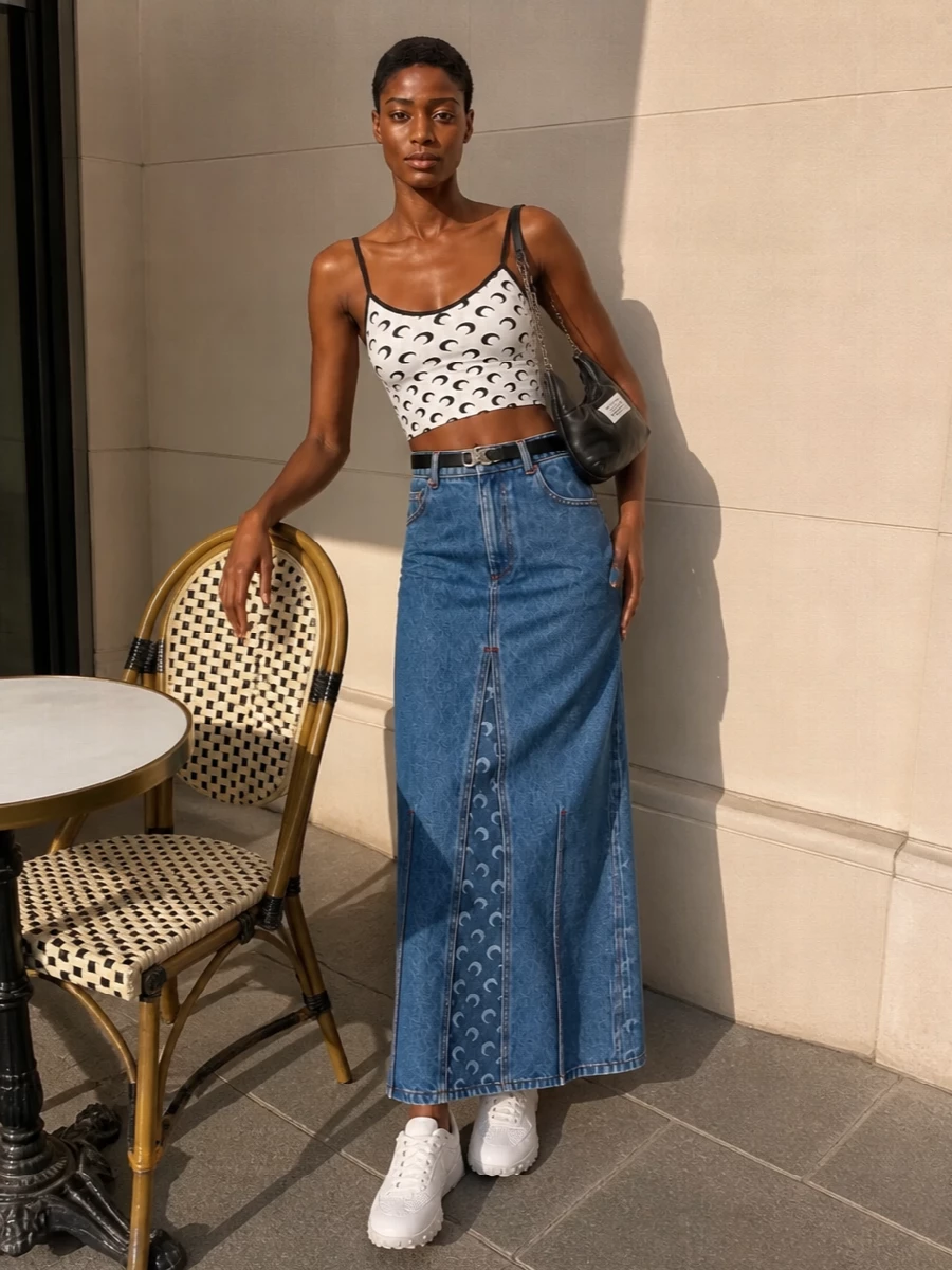 Marine serre moon camisole denim maxi outfit