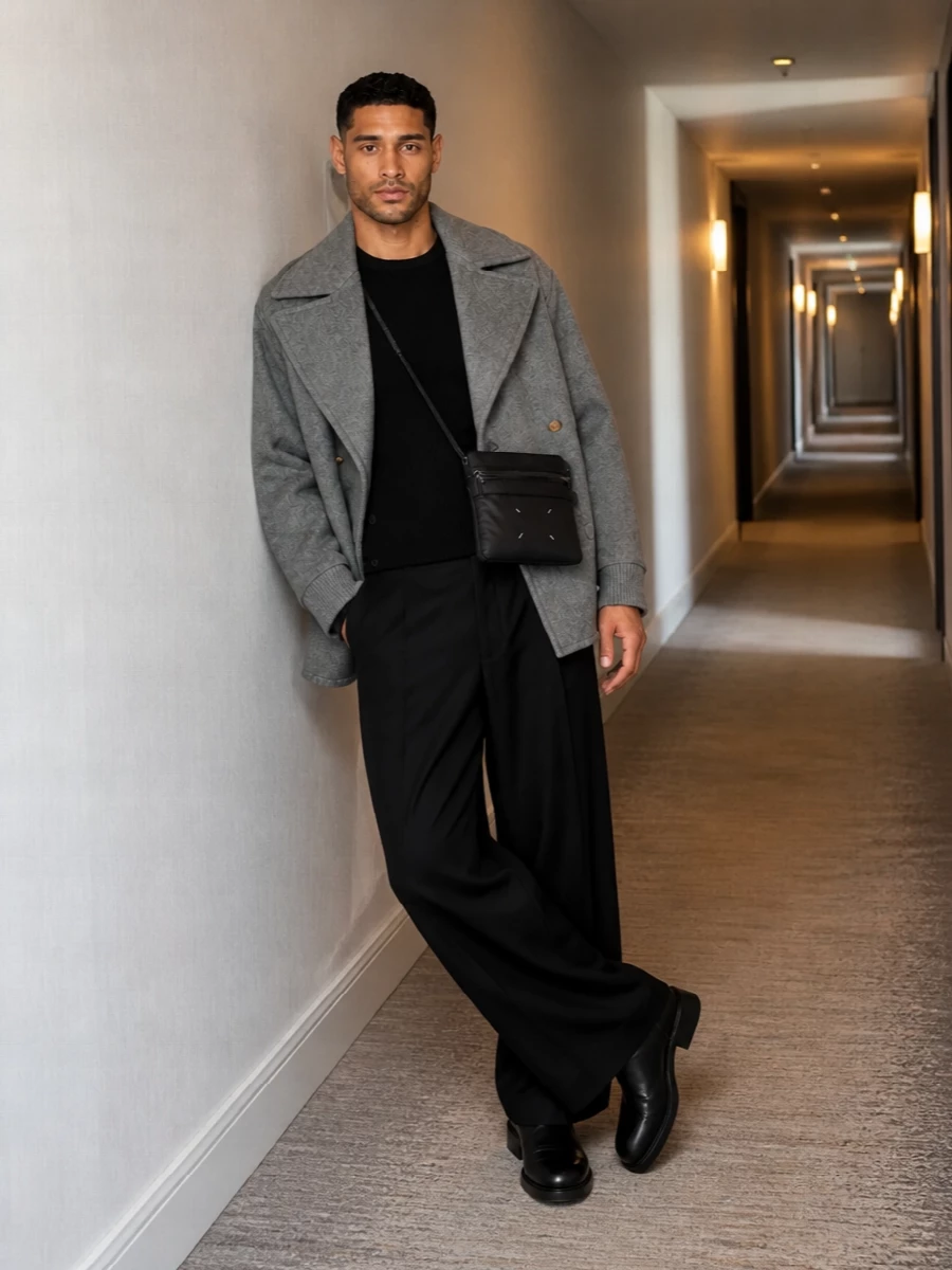 Moschino pea coat wide leg trousers outfit