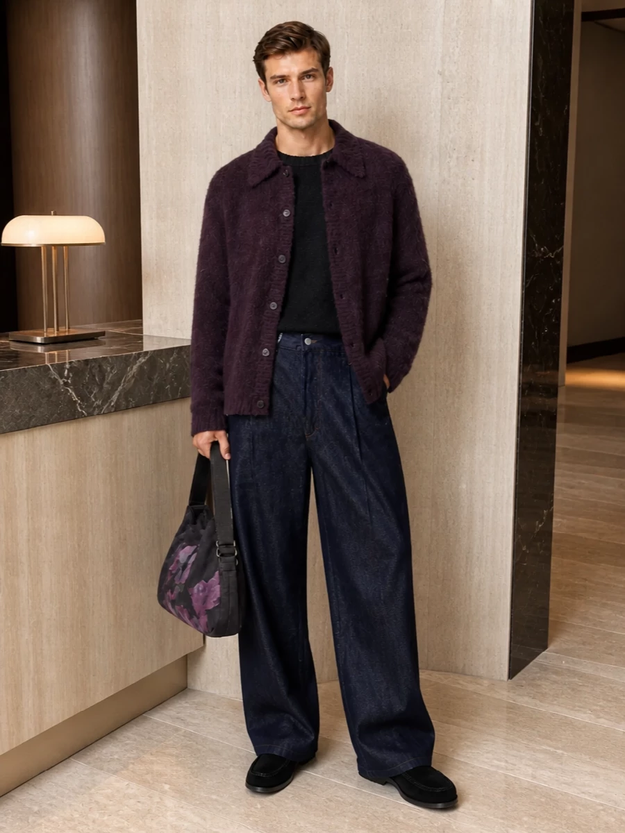 Dries van noten plum jacket wide leg denim outfit