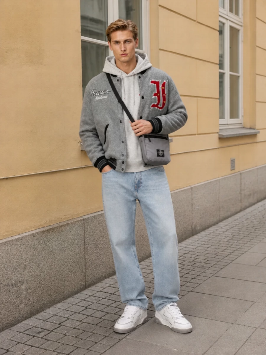 Icecream varsity jacket light wash jeans outfit