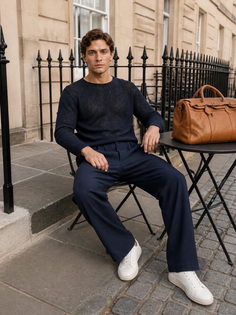 Deep navy tonal layers and a fluid wide leg give this outfit a calm, architectural presence that feels relaxed but composed. The off-white sneaker and cognac leather weekender break the navy with just enough warmth, keeping the mood quiet and luxurious rather than stark. It is an easy uniform for coastal check-ins, city terraces and understated travel days where comfort and discretion matter equally.