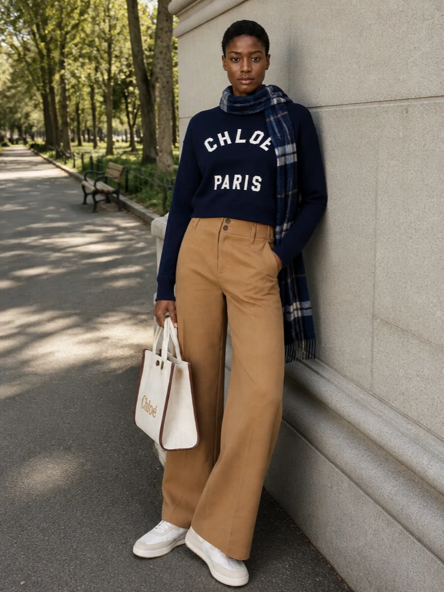 Chloe navy sweater camel wide leg trousers