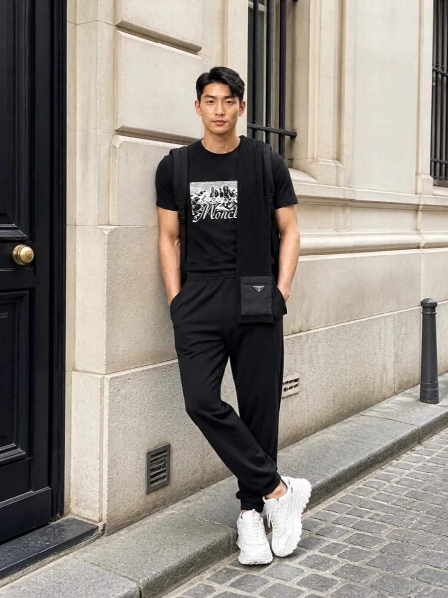 Moncler black t shirt track pants outfit