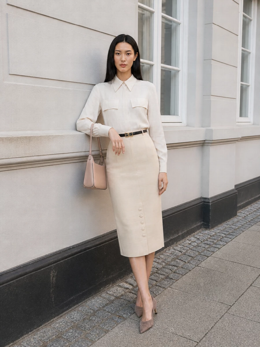 Elisabetta franchi pencil skirt ivory shirt outfit