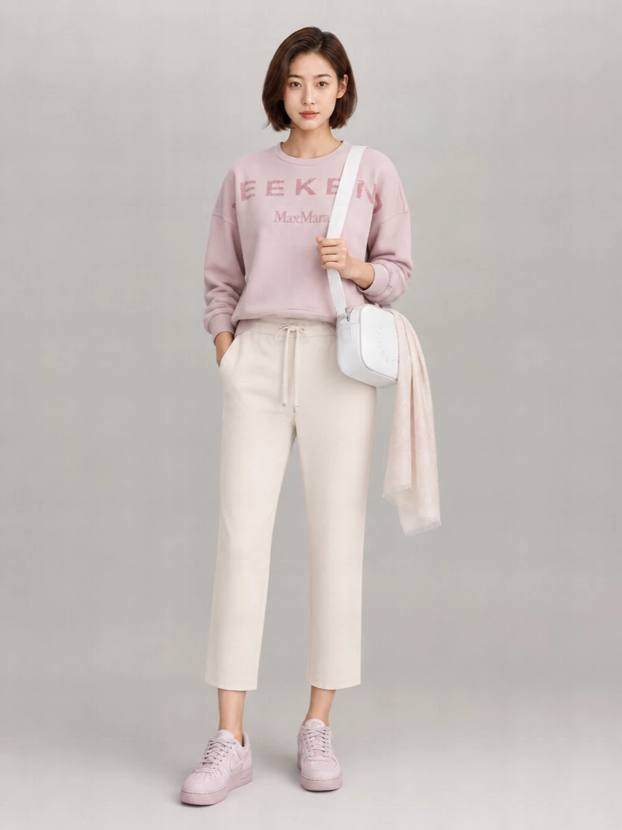 A dusty-blush sweatshirt meets soft-cream cropped joggers for a refined take on ath leisure, all in a quietly tonal palette. Blush sneakers and a clean white cross-body keep the silhouette light and relaxed while subtly reinforcing the sport-meets-quiet-luxury mood. The gauzy wrap is an optional touch of softness you can throw on for travel days or cooler evenings.