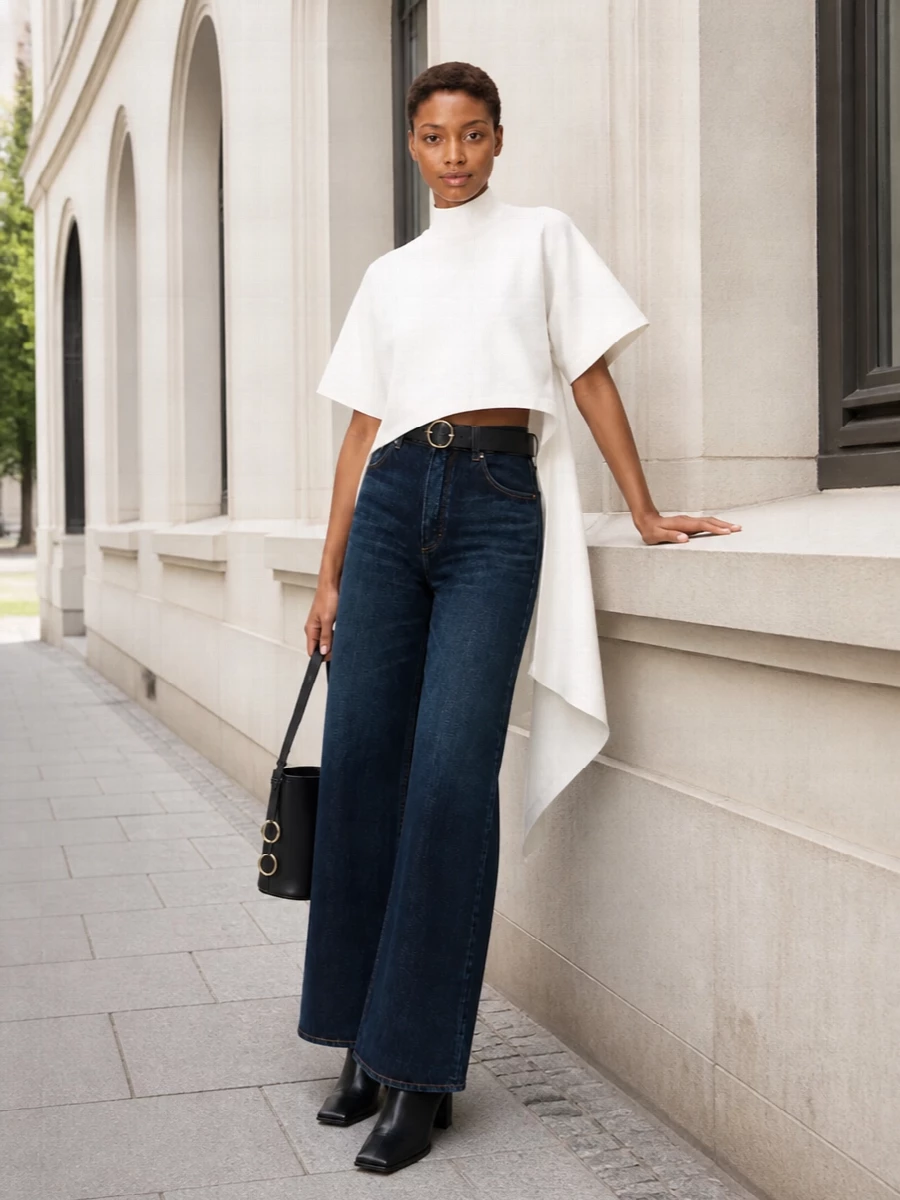 Alaia white top dark wide leg jeans outfit