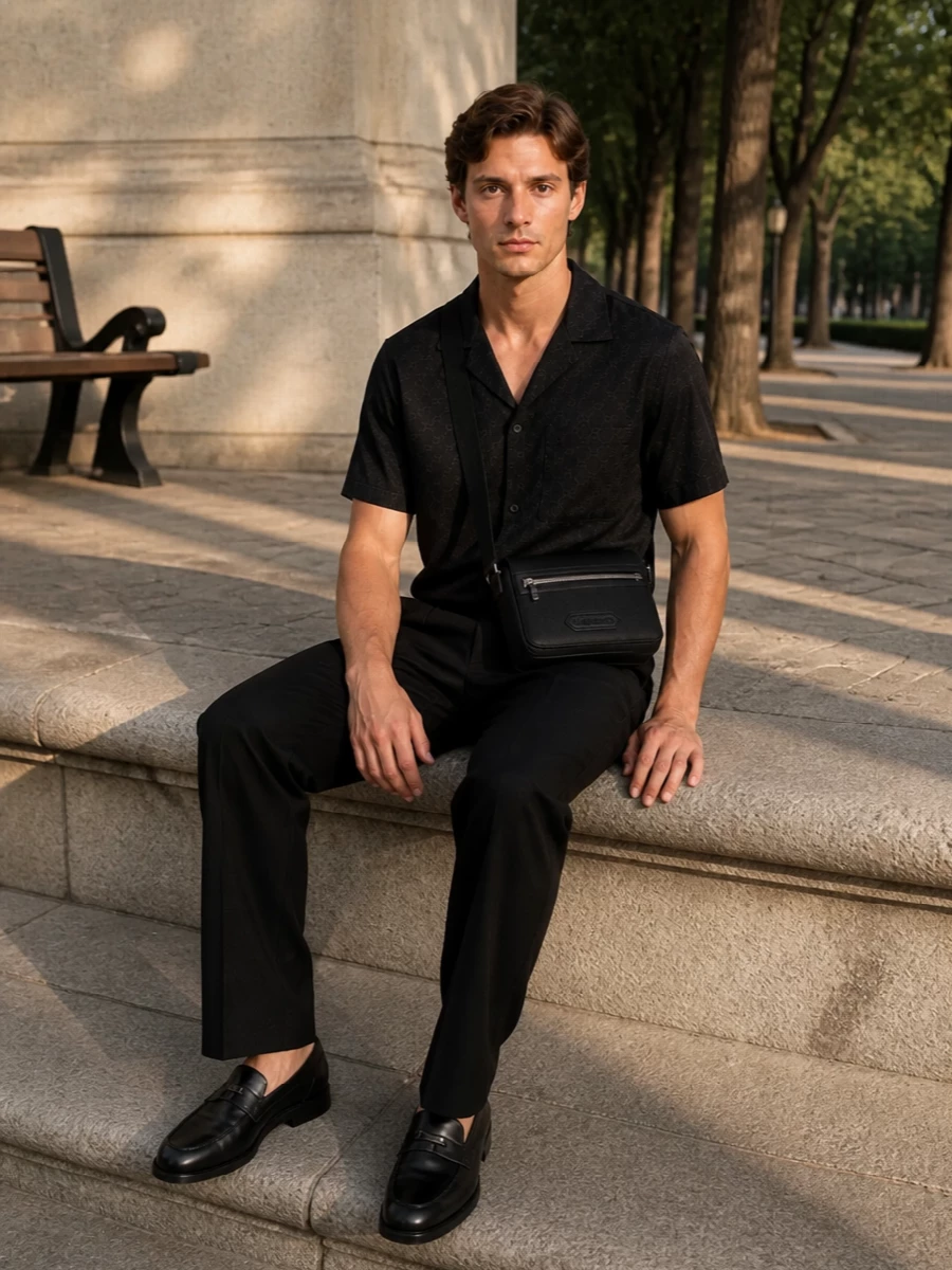 Gucci’s inky camp shirt sits cleanly over the Margiela straight-leg trouser, keeping the whole outfit sharp, monochrome and quietly directional. Christian Louboutin loafers add a refined, evening-ready finish, while the Tom Ford crossbody keeps the silhouette streamlined and modern for city nights.