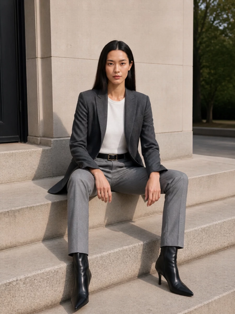 Stella mccartney grey suit black ankle boots