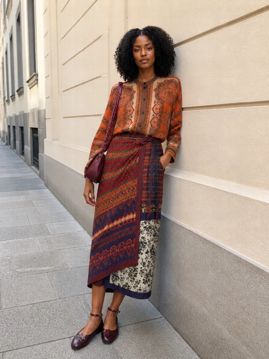 Zimmermann’s spice-toned paisley shirt leans into the Dries skirt’s folkloric prints, creating a rich, collected boho story in warm autumn shades. Oxblood Chloé flats and a burgundy Ganni crossbody quietly pick up the deeper notes in the print, keeping the silhouette grounded and easy for city days. The result feels artful yet relaxed, with the skirt’s high waist and volume balanced by soft, low-profile accessories.