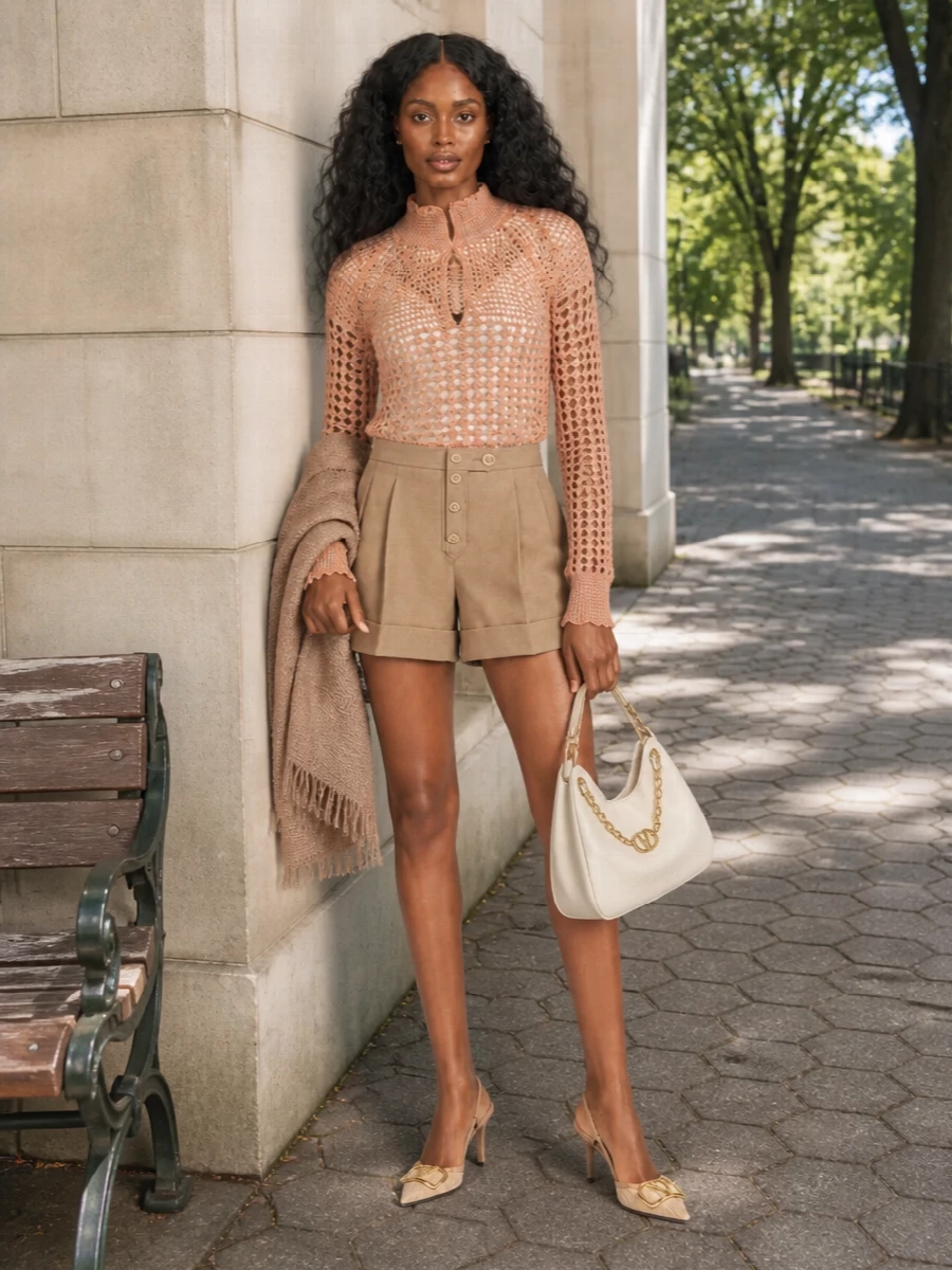A peach open-knit top pairs with sculpted camel shorts for a warm, neutral take on boho that still feels city-ready. Raffia-detailed slingbacks and an ivory chain hobo keep everything refined yet easy. A whisper-light rose-tan scarf ties the palette together in a soft, romantic haze of neutrals.