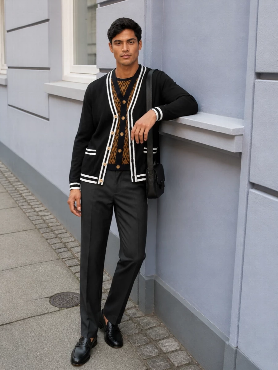 Valentino cardigan charcoal trousers loafers
