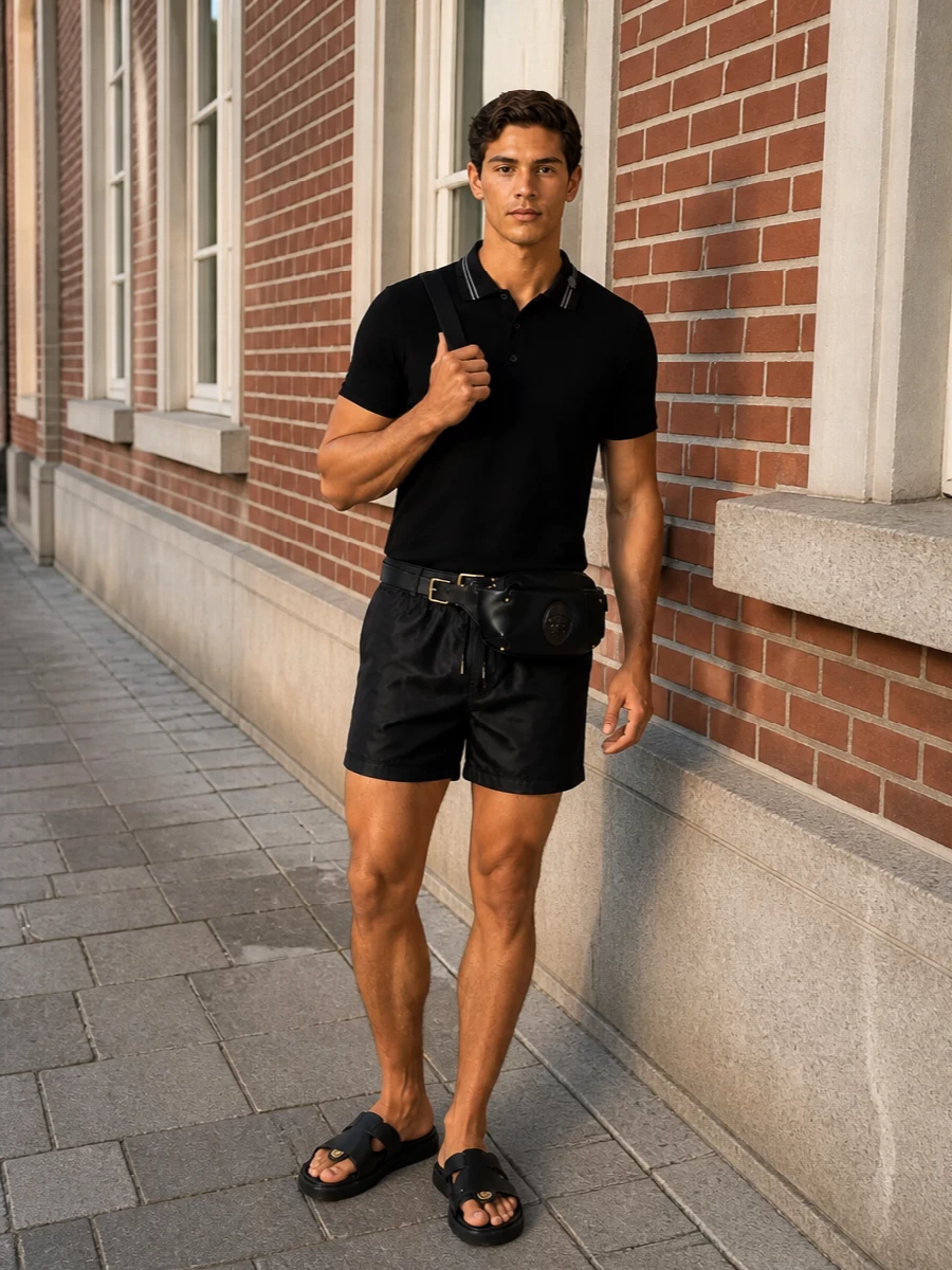 Versace black swim shorts polo leather slides
