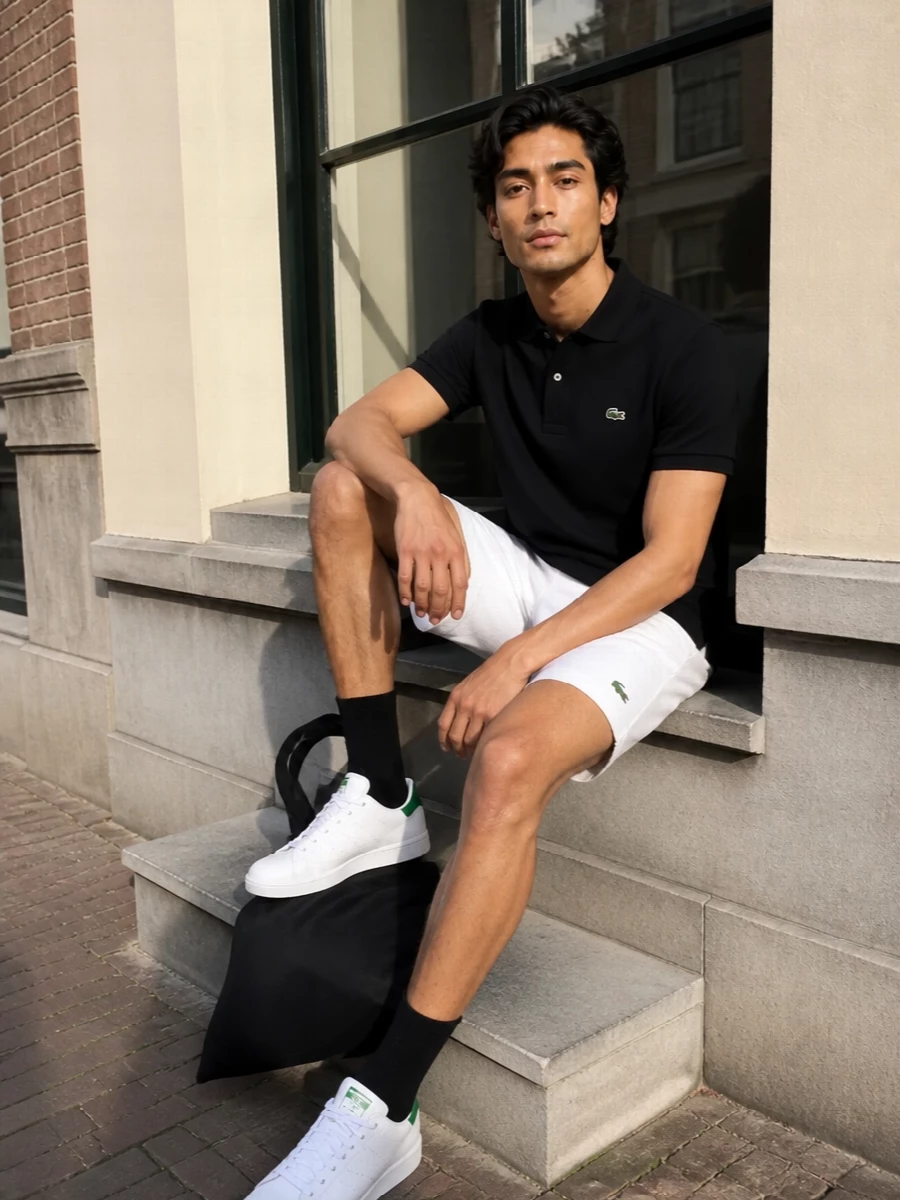 Lacoste’s black polo sits sharp against the crisp white shorts, giving a clean tennis-club feel that still works in the city. White Adidas court sneakers with a green heel tie back to the crocodile logo, keeping the palette tight and athletic. A black A.P.C. tote and matching ribbed socks finish it with low-key designer polish that stays firmly in the sport-preppy lane.