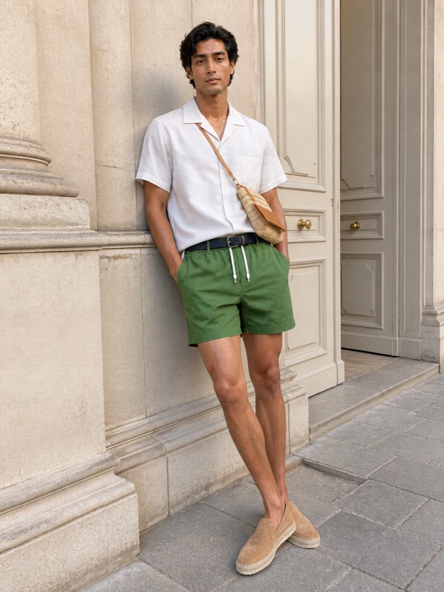 Zegna camp shirt olive shorts espadrilles
