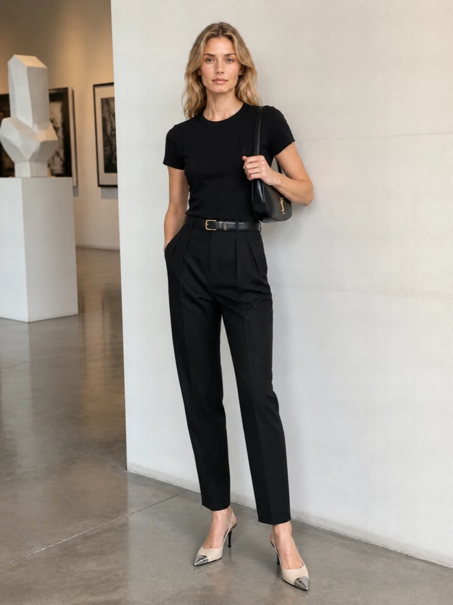 Saint laurent black tapered trousers slingback outfit