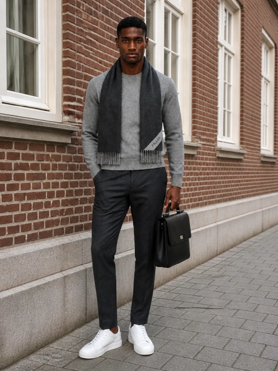 Dolce gabbana grey sweater charcoal trousers outfit