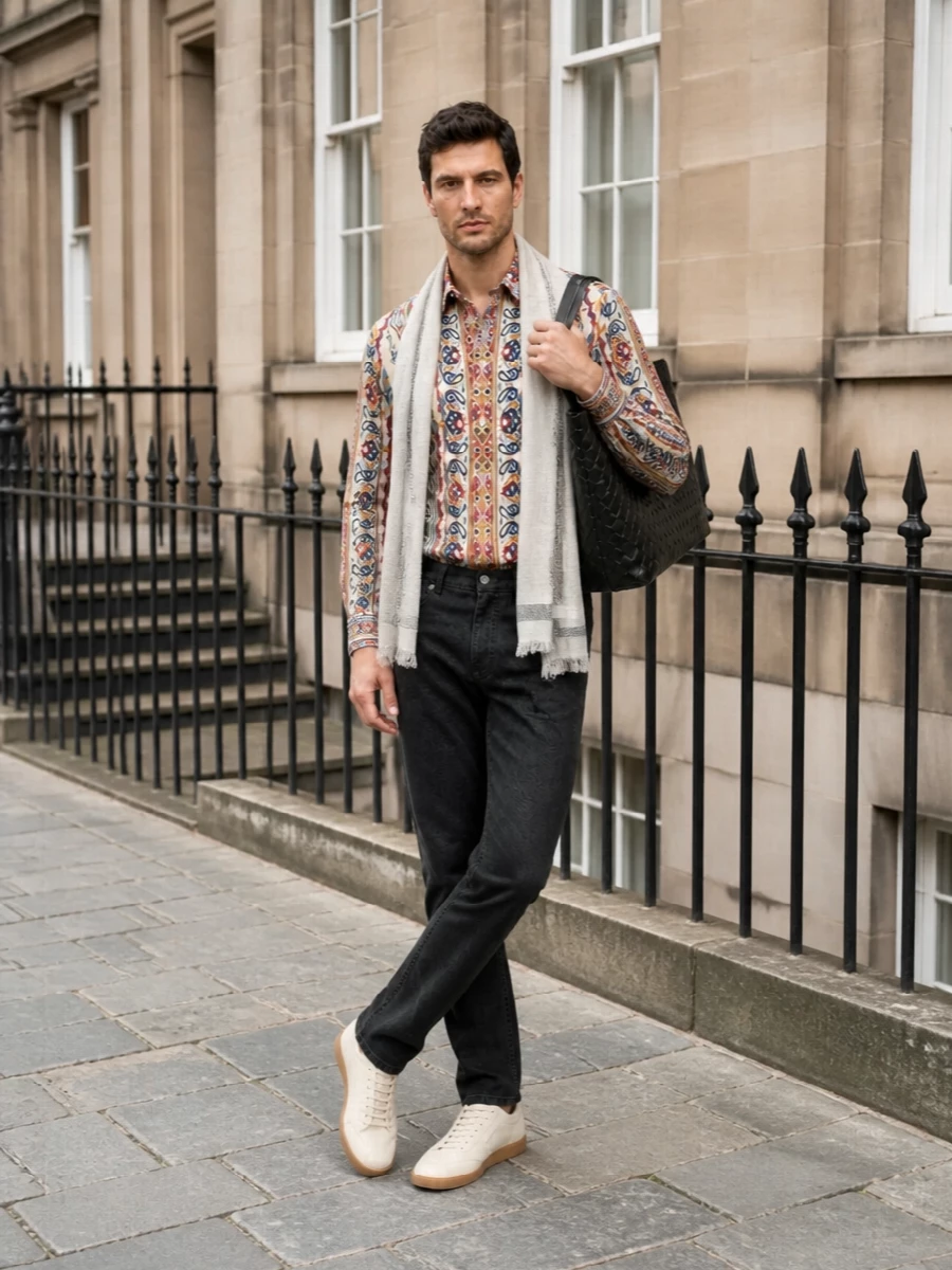 Graphic Etro shirting sits against charcoal paisley denim for a rich but controlled play of pattern and texture. Cream leather sneakers and a black woven tote keep the mood modern and precise, letting colour and motif stay focused up top. A pale, lightweight scarf softens the tailoring just enough for warm-weather city days and dinners.
