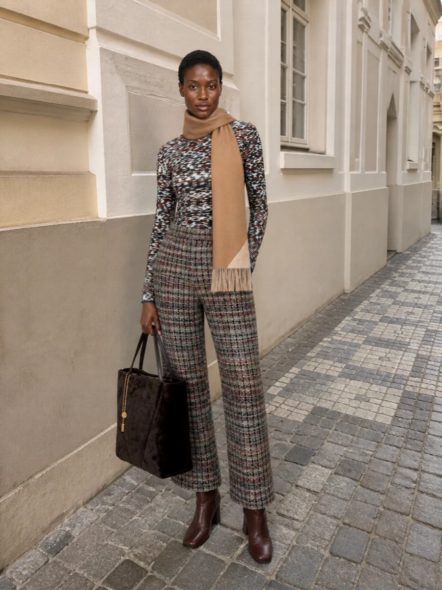 Missoni’s tweed-effect trousers meet a finely patterned knit in the same charcoal and rust family, creating a rich, quietly graphic pairing that still reads streamlined. Knee-high chocolate boots and a deep brown tote sharpen the long line of the wide leg, giving the outfit urban polish. A camel and cream scarf softens the palette just enough, keeping the whole combination warm, modern and composed for cold city days.
