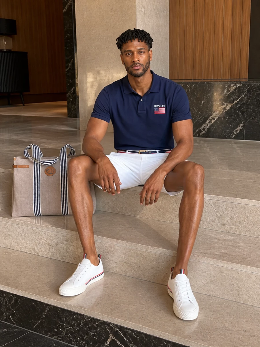 Navy, white and precise red accents keep this Ralph Lauren polo and chino short pairing feeling sharp, coastal and quietly patriotic. Crisp canvas sneakers echo the flag detail, while a structured canvas tote and striped belt bring in a subtle Riviera, yacht-club polish. It is sporty, preppy and put-together enough for everything from harbour lunches to city terraces on warm days.