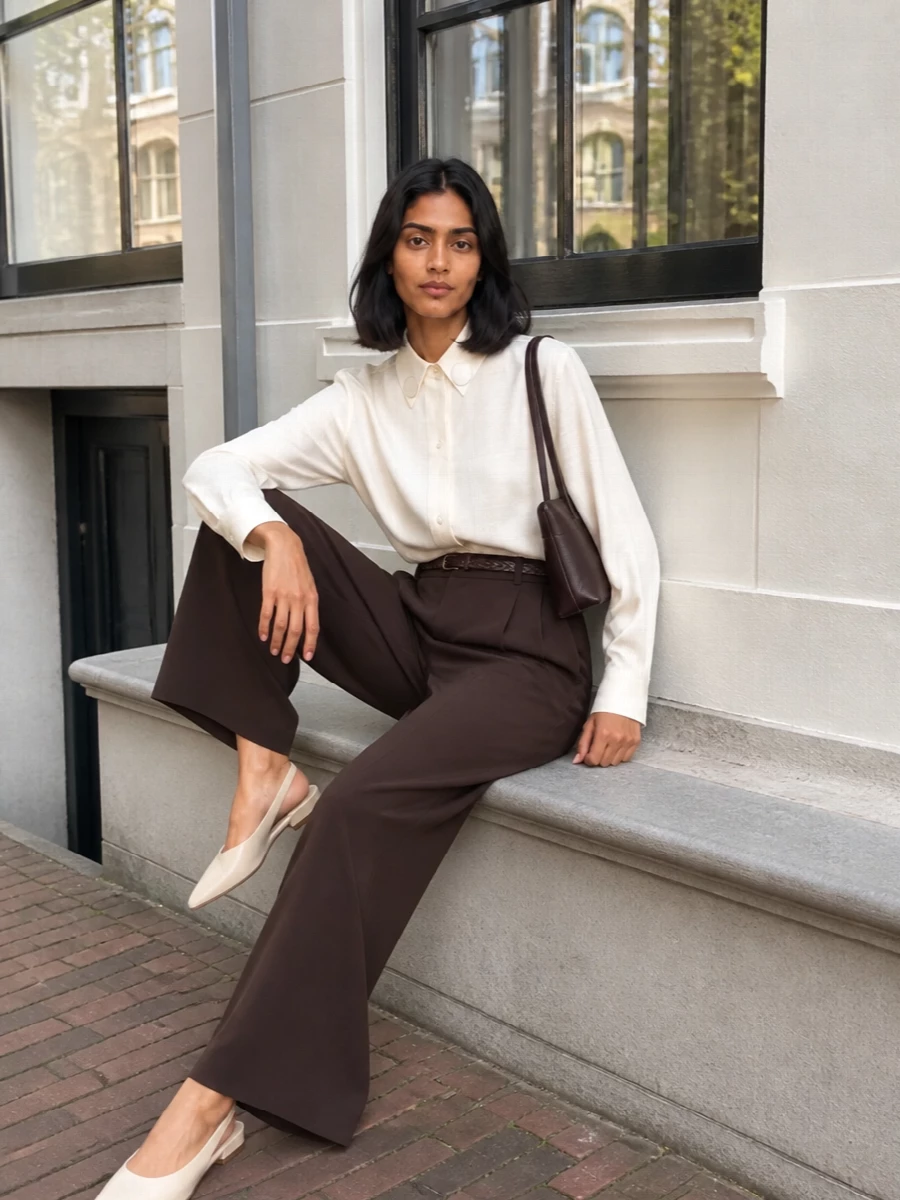 Jil sander brown wide leg trousers ivory shirt