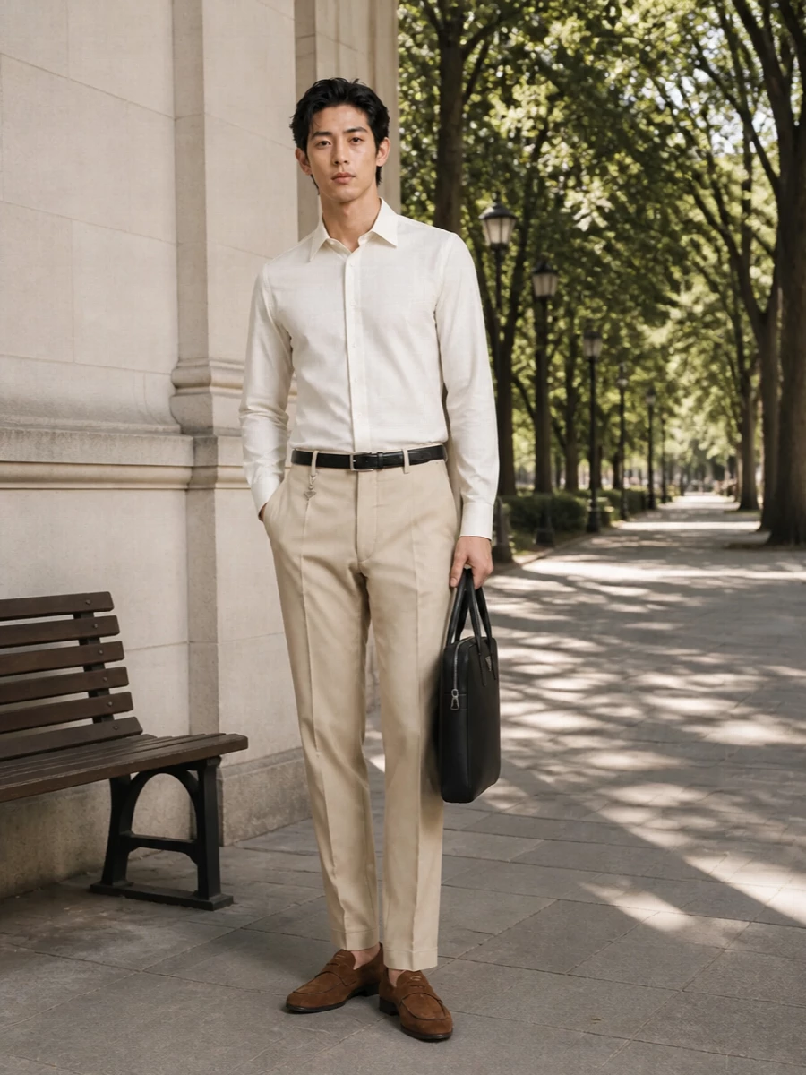 Prada beige trousers white shirt suede loafers