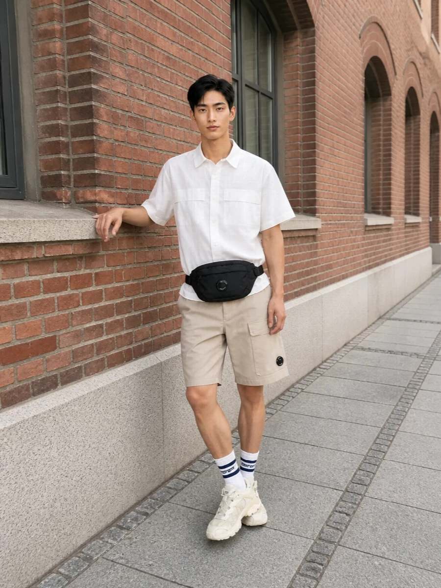 Cp company cargo shorts white shirt salomon sneakers
