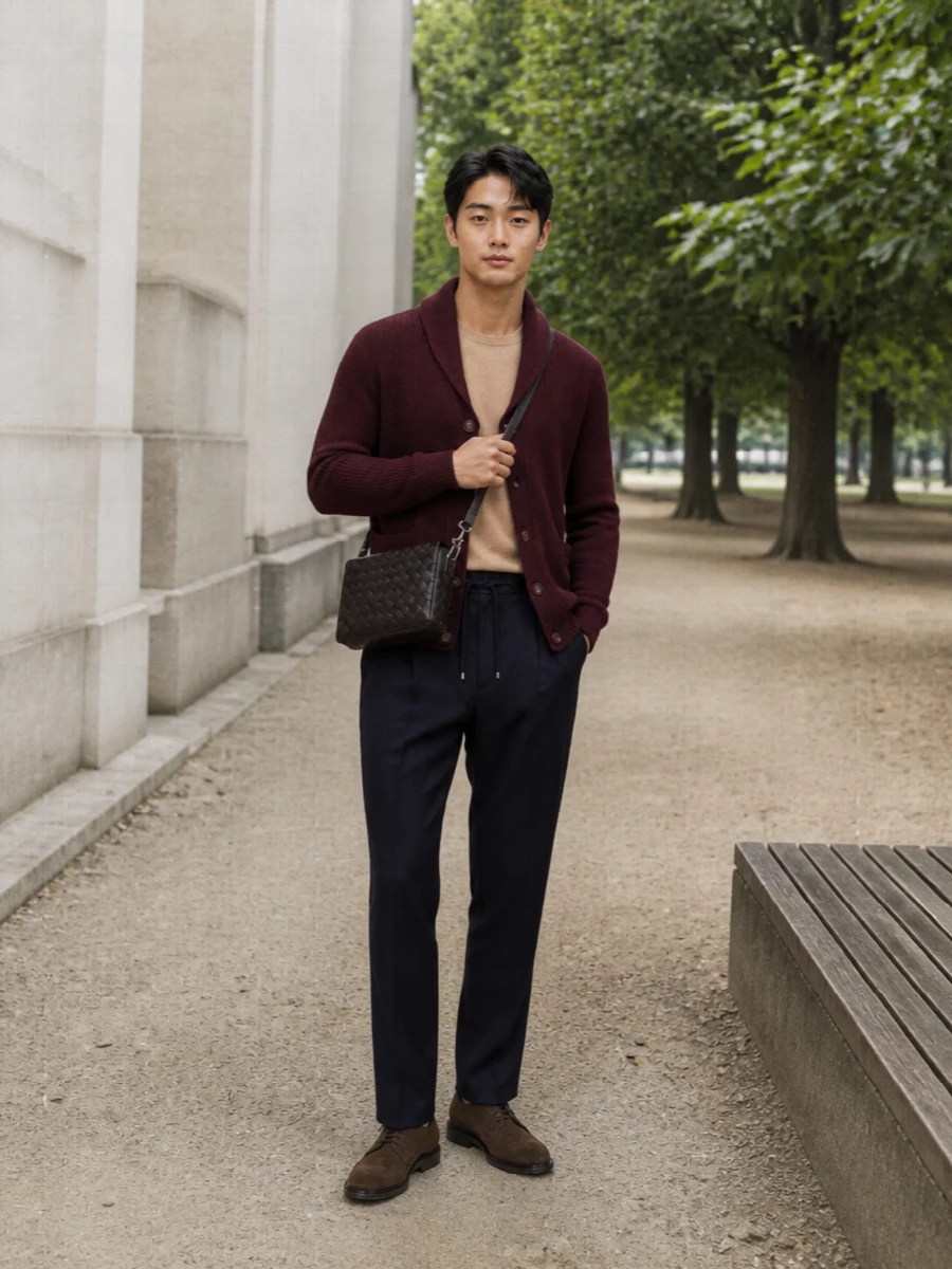 Brunello cucinelli cardigan navy trousers outfit