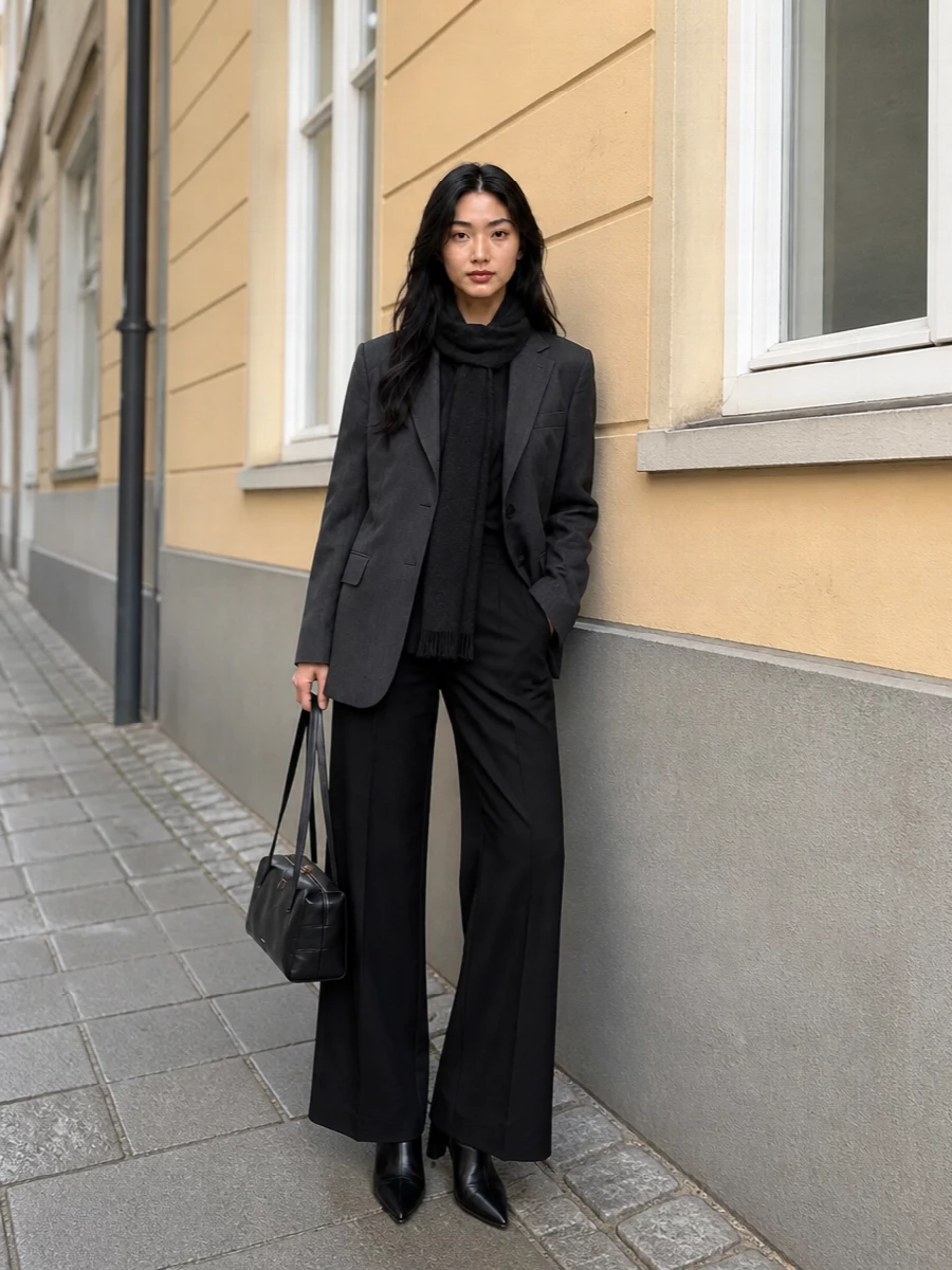 Charcoal suiting on top and deep black wide-leg tailoring below create a seamless, elongated column that feels composed and quietly assertive. A sharply sculpted black ankle boot and structured shoulder bag keep every line intentional and urban, with a charcoal scarf adding depth without disturbing the minimalist precision.