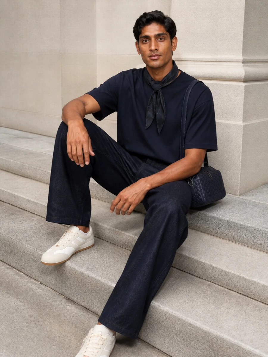 Dries van noten navy tee wide leg jeans outfit