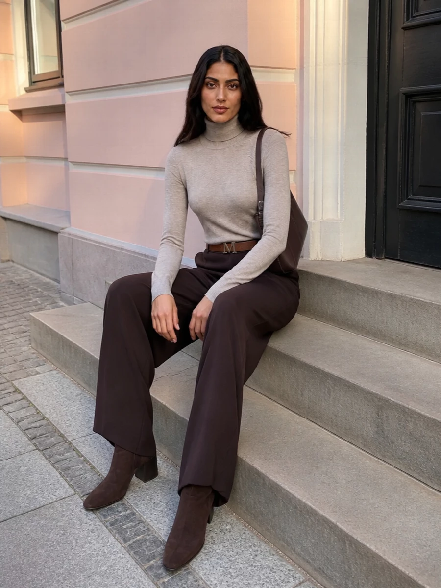 Max mara brown wide leg trousers knit outfit