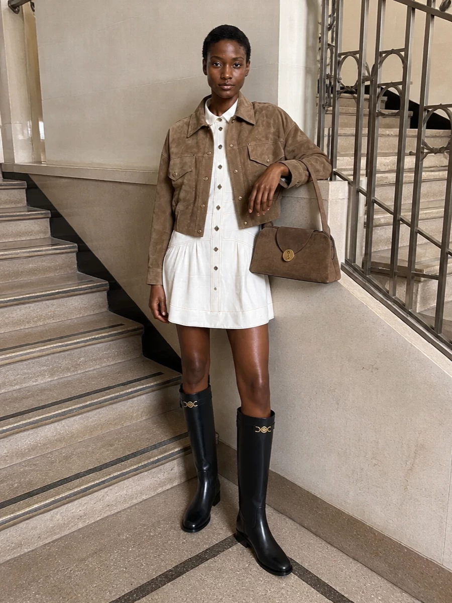 Versace suede jacket ivory mini shirt dress