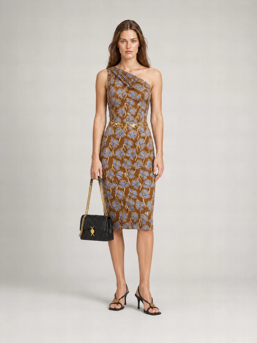 Versace Printed One-Shoulder Sleeveless Midi Dress