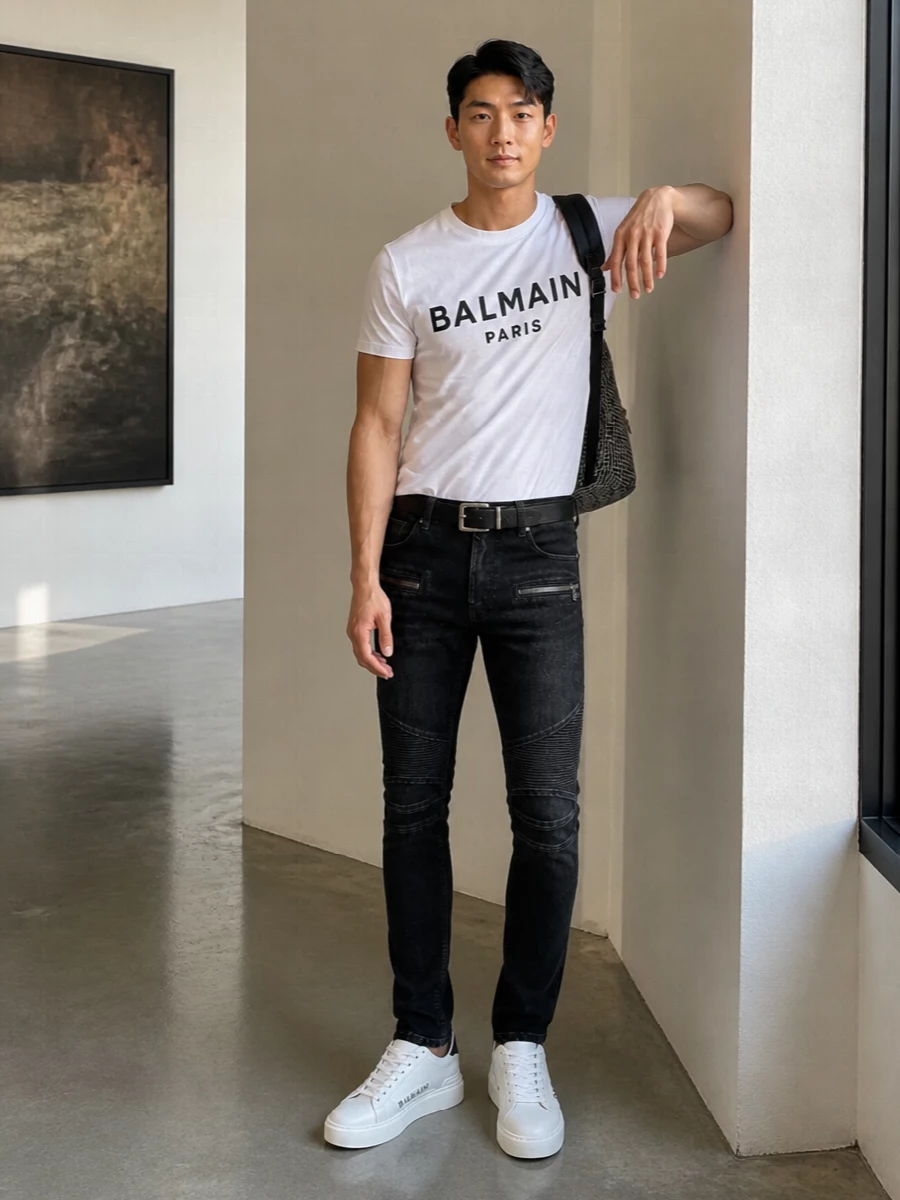 Balmain logo tee black biker jeans outfit