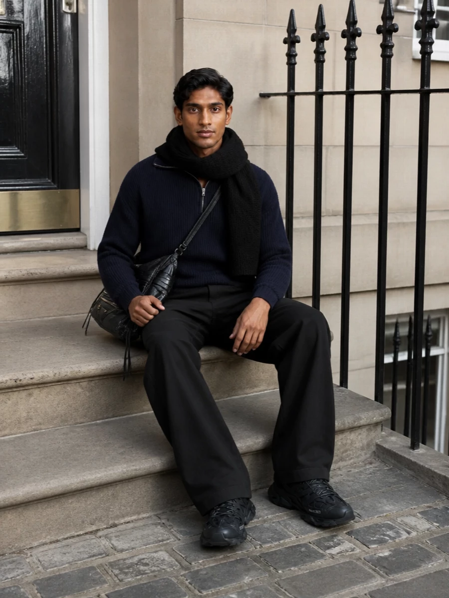 Balenciaga navy half zip black cargo trousers