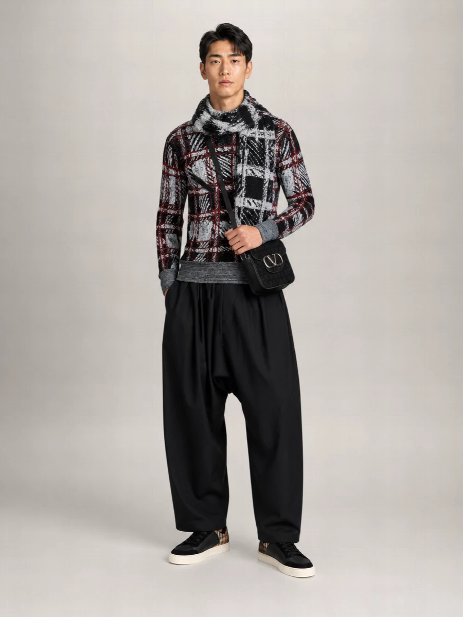 A graphic Vivienne Westwood knit sits over fluid black drop-crotch trousers for a street-informed silhouette that still feels considered. Black leather sneakers and a compact crossbody keep the palette tight and urban. A monochrome abstract scarf riffs on the disrupted checks, tying the pattern play together in a quietly intentional way.
