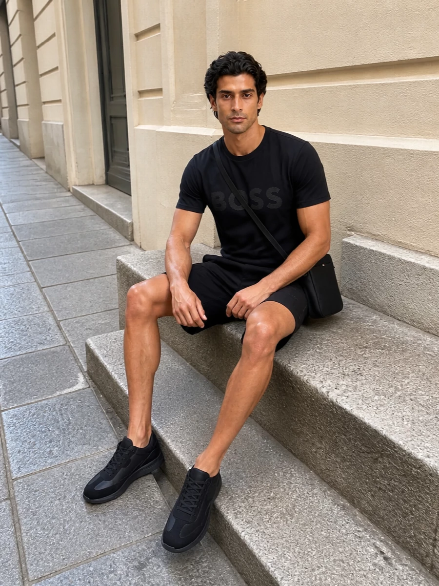 Boss black logo tee outfit pleated shorts