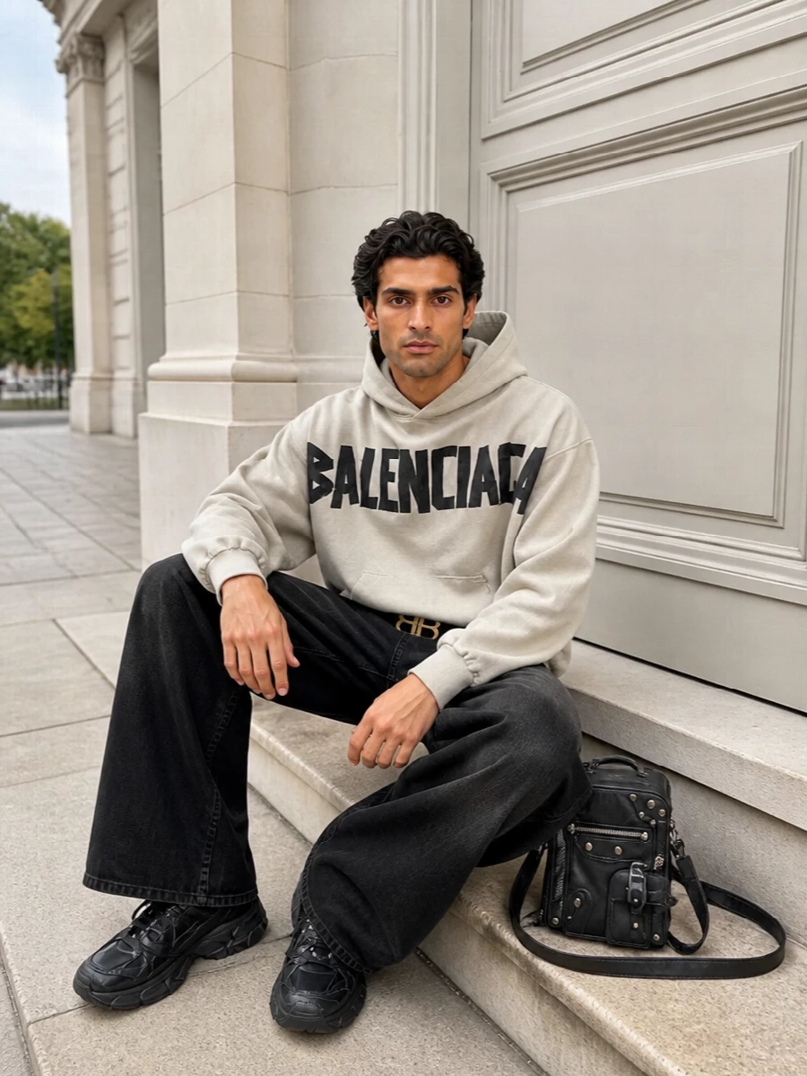 Sand logo hoodie and high-rise washed black wide-leg denim create a long, slouched street silhouette in a tight neutral palette. All-black technical runners keep the proportions grounded and directional. A moto-detailed crossbody and sharp logo belt add just enough hardware to underline the Balenciaga attitude without breaking the monochrome mood.