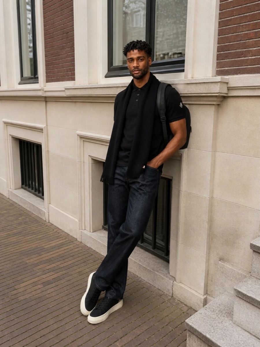 Moncler black polo dark jeans sneakers