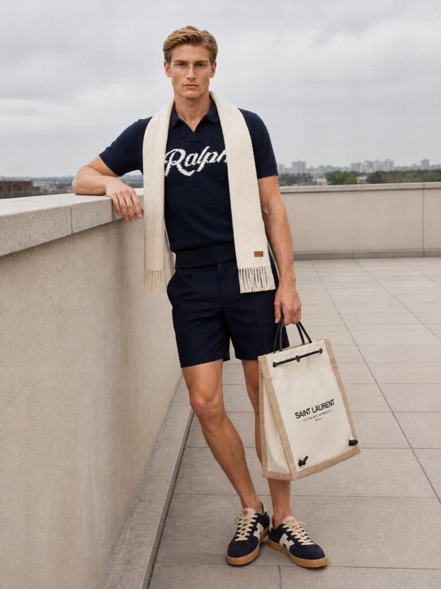 Navy on navy keeps this outfit grounded, with tailored shorts sharpening the collegiate knit so it feels ready for the city rather than the beach. Suede sneakers and a structured canvas tote keep everything in a sporty, quiet-luxury register, while creamy accessories echo the chest script for a considered, cohesive finish. It is relaxed, preppy and confident without trying too hard.