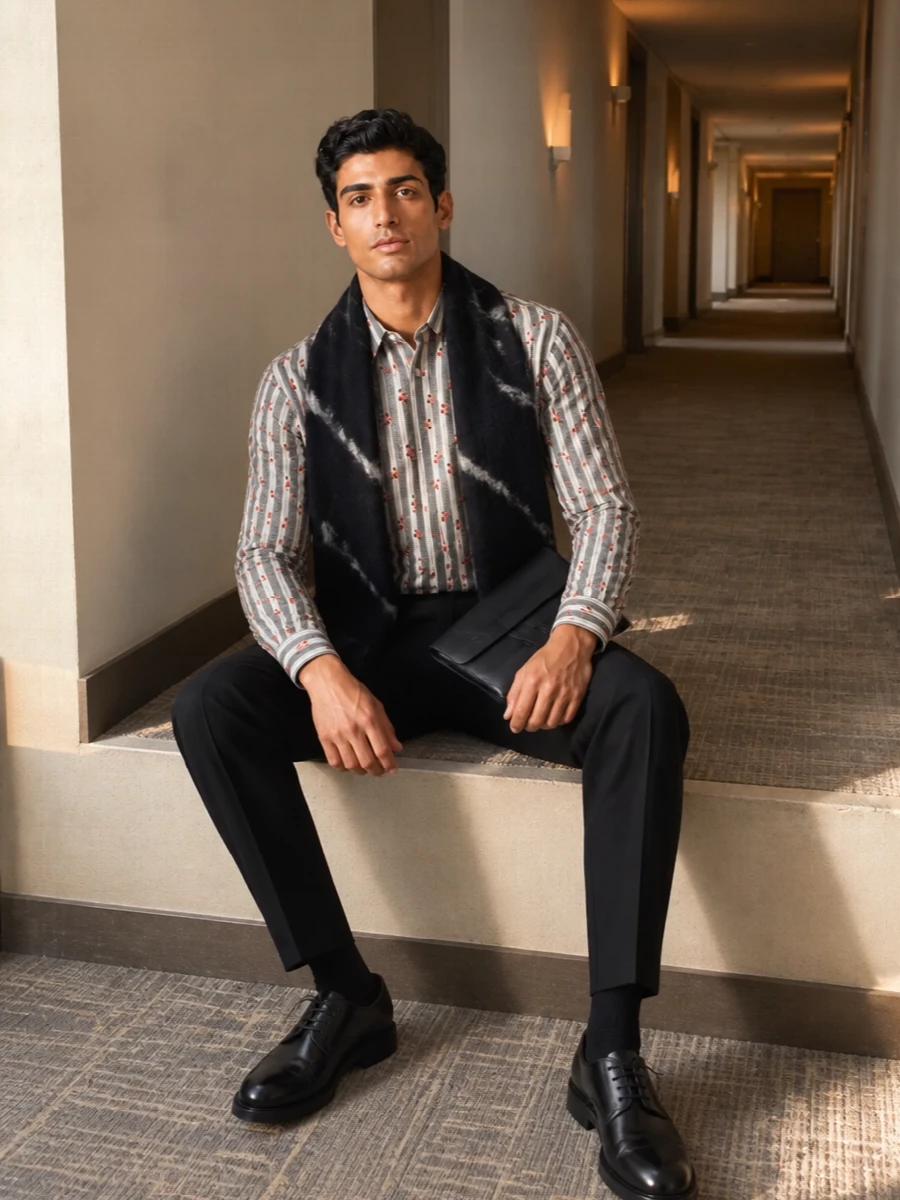 The printed Dries shirt sits on crisp black pleated trousers, so the pattern reads intentional and refined rather than busy. Black derbies and a structured black pouch underline the tailored, gallery-to-dinner mood, while the charcoal scarf adds a subtle, textural nod to the shirt’s romantic side without cluttering the line.