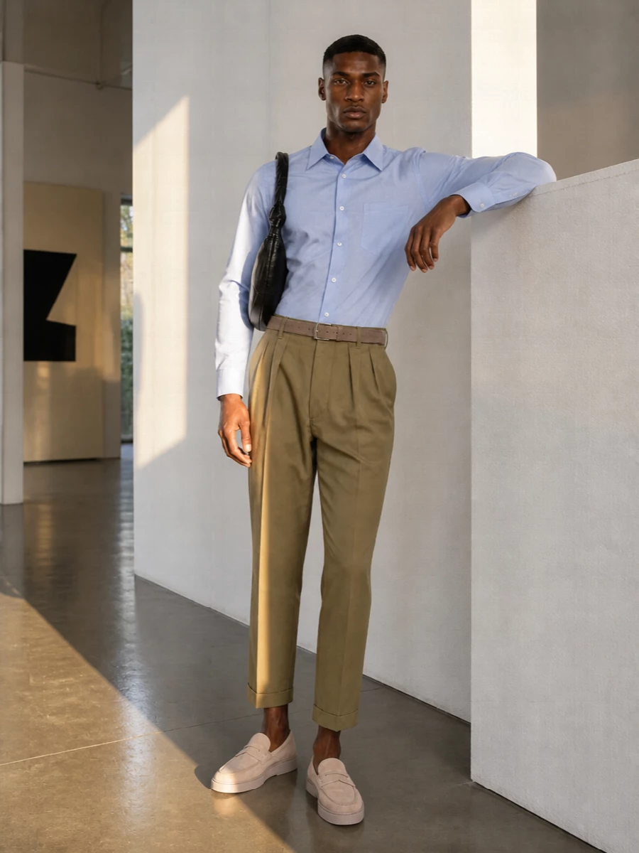 Ami paris khaki trousers blue shirt tods loafers