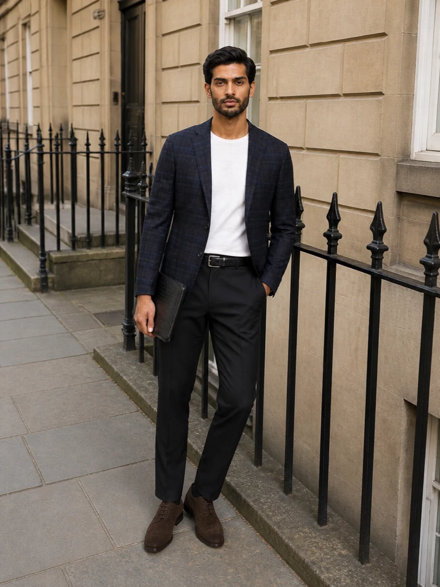 Zegna navy check blazer charcoal trousers outfit
