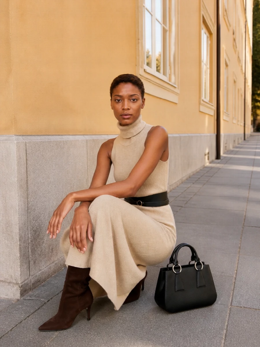A warm beige knit column is cinched with a sculpted black waist, creating a quietly dramatic hourglass against the fluid midi hem. Dark chocolate boots and a structured black top‑handle bag sharpen the softness just enough, keeping the palette restrained and the mood city‑evening ready. The result is all about clean lines, tactile depth and precise contrasts rather than overt detailing.