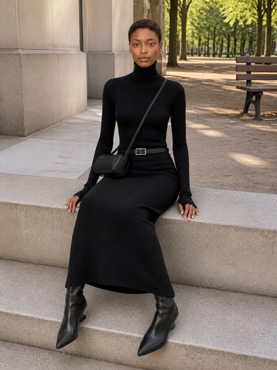 Rick owens black knit skirt ankle boots outfit