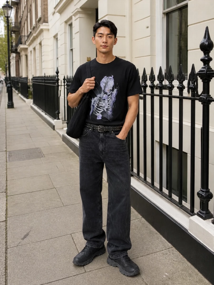 A washed black jean and graphic tee combination keeps everything grounded in a tight monochrome story, with proportion coming from the relaxed, full-length leg. Trail-inspired sneakers and a pleated crossbody add a technical, utilitarian edge, while the studded belt injects a controlled dose of attitude. The result is a considered streetwear uniform that feels graphic, dark and easy to live in all season.