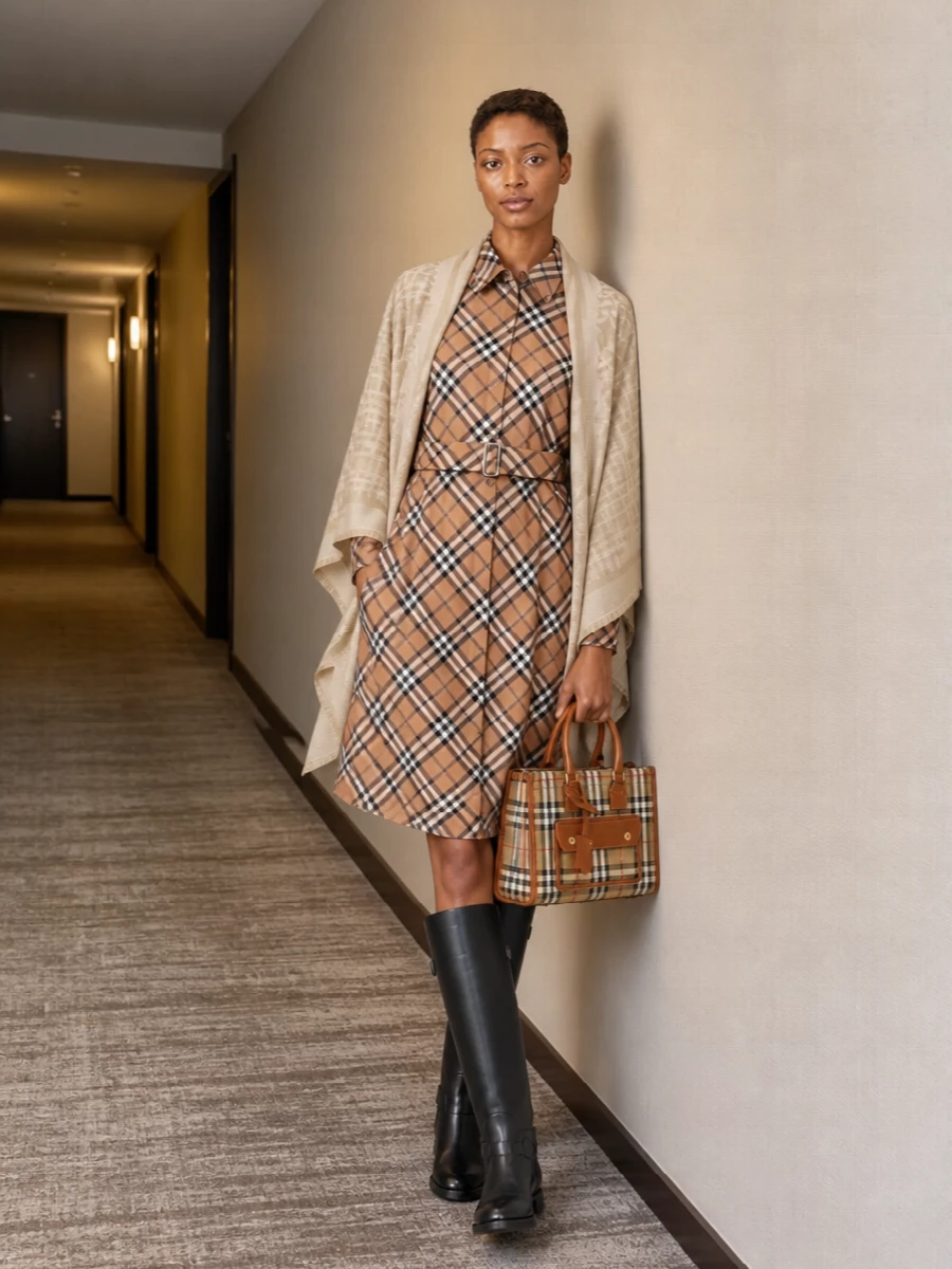 Burberry poncho checked shirt dress riding boots