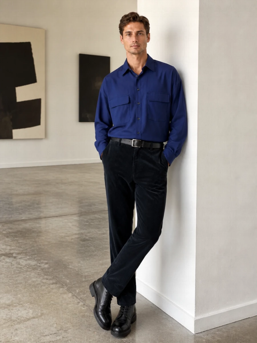 Comme des garcons corduroy trousers navy shirt