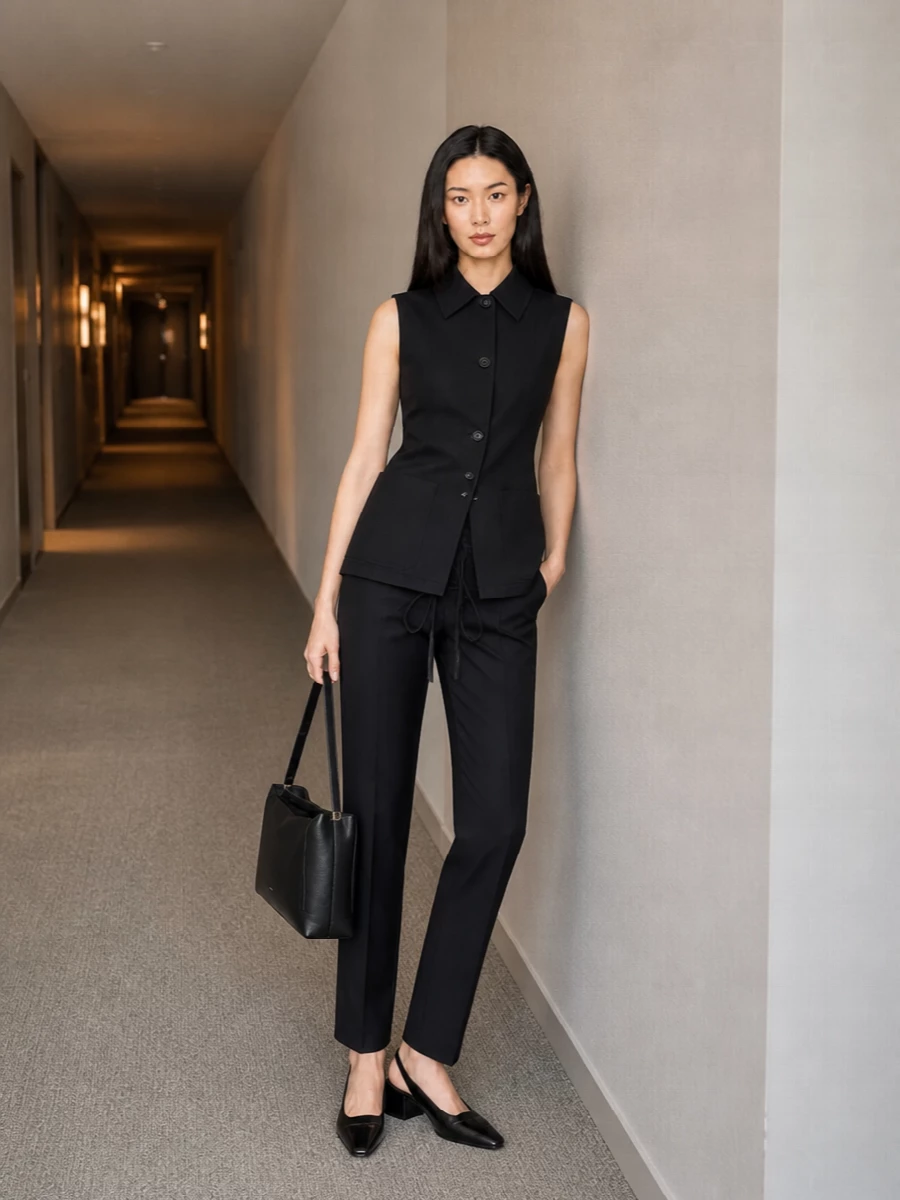 A long, tailored black waistcoat and Margiela’s straight-leg trouser create a precise, column silhouette that feels quietly assertive for office days and dinner reservations alike. Glossy black Courrèges slingbacks sharpen the line without adding noise, while Wandler’s structured black tote keeps the whole ensemble calm, functional and assuredly minimal. The result is monochrome tailoring that reads powerful but never showy, perfect when you want presence with restraint.