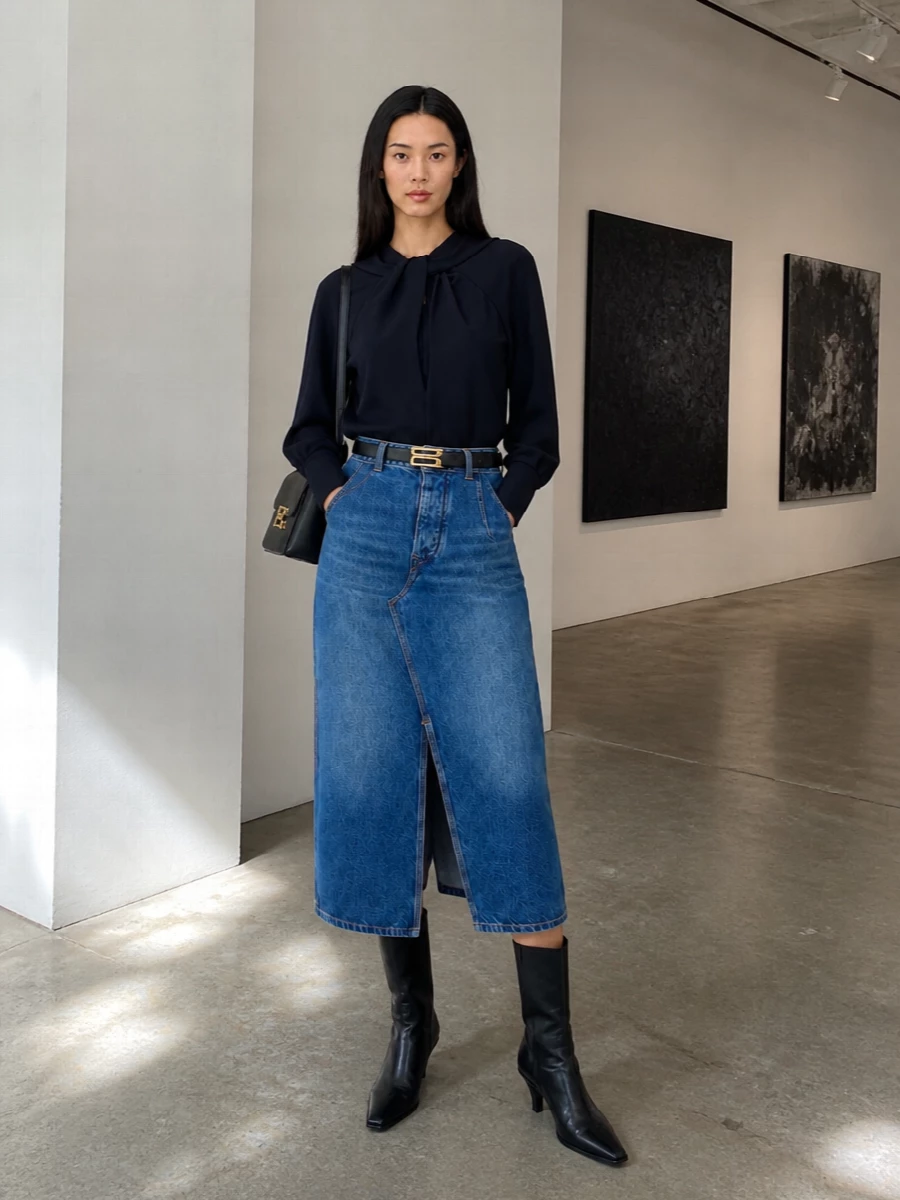 Victoria beckham denim midi skirt with boots