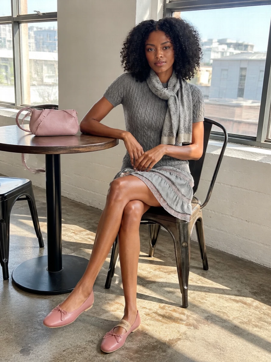 Soft greys meet blush accents for a romantic take on mini lengths that still feels easy for daytime. The fitted cable knit balances the floaty tiers of the skirt, while tonal pastels at the bag and flats keep the palette gentle but intentional. A gauzy paisley scarf finishes it with just enough boho texture to feel special without tipping into costume.
